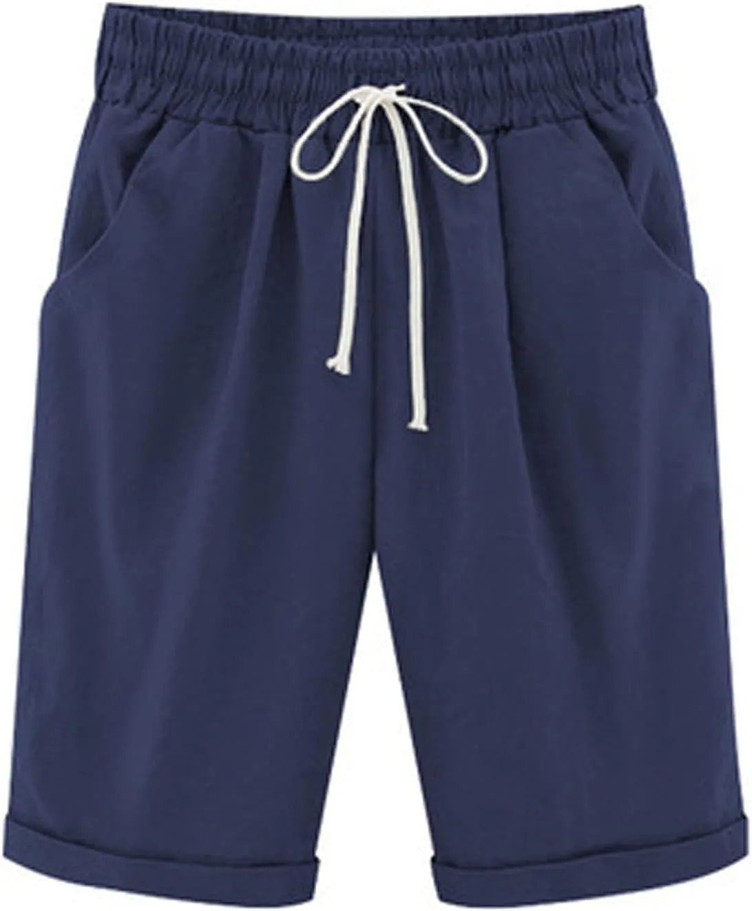 aihihe Cotton Linen Shorts for Women Loose Fit Knee Length Bermuda Shorts Plus Size Elastic Waist Casual Summer Beach Shorts