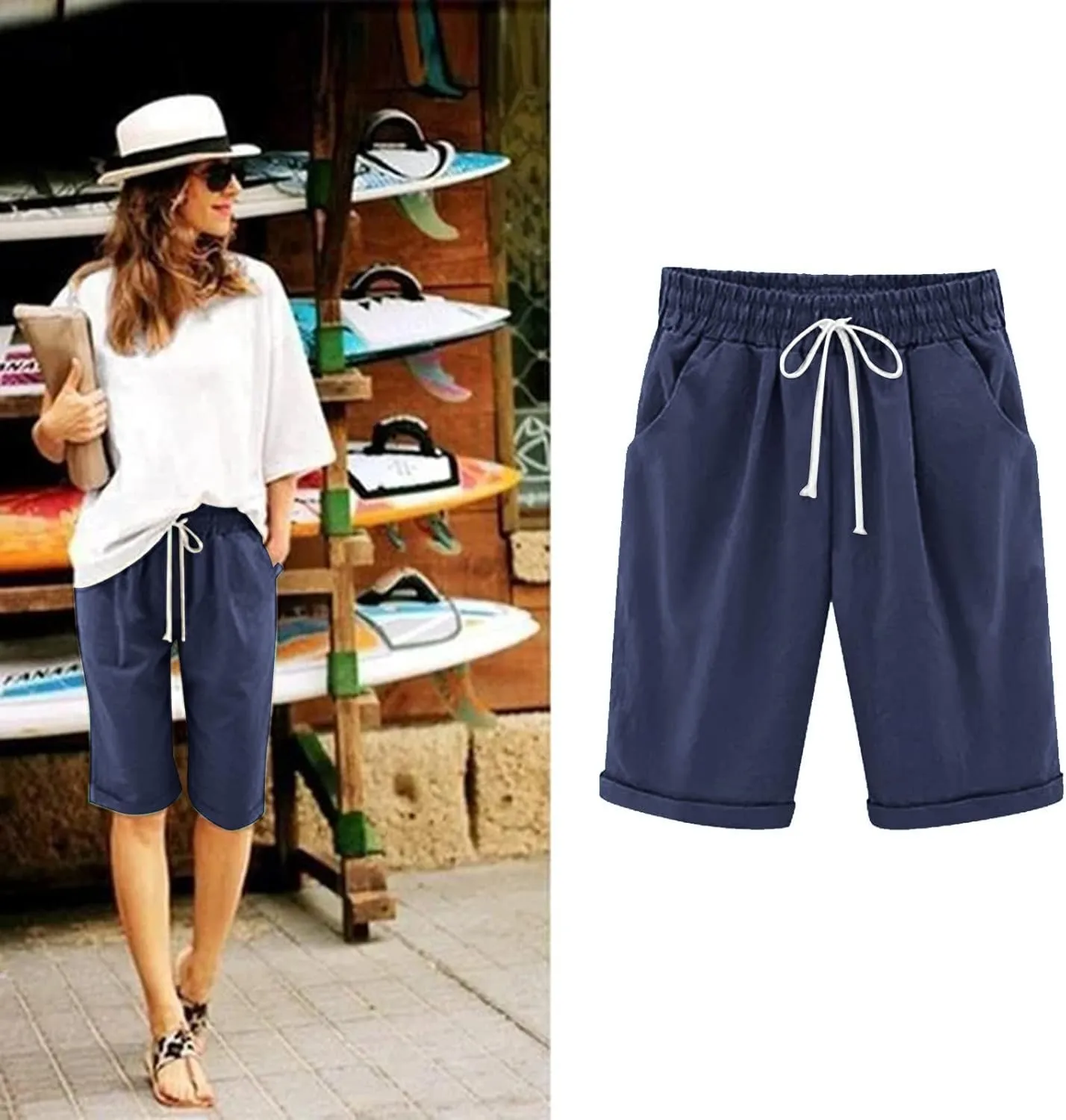 aihihe Cotton Linen Shorts for Women Loose Fit Knee Length Bermuda Shorts Plus Size Elastic Waist Casual Summer Beach Shorts