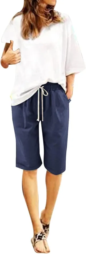 aihihe Cotton Linen Shorts for Women Loose Fit Knee Length Bermuda Shorts Plus Size Elastic Waist Casual Summer Beach Shorts