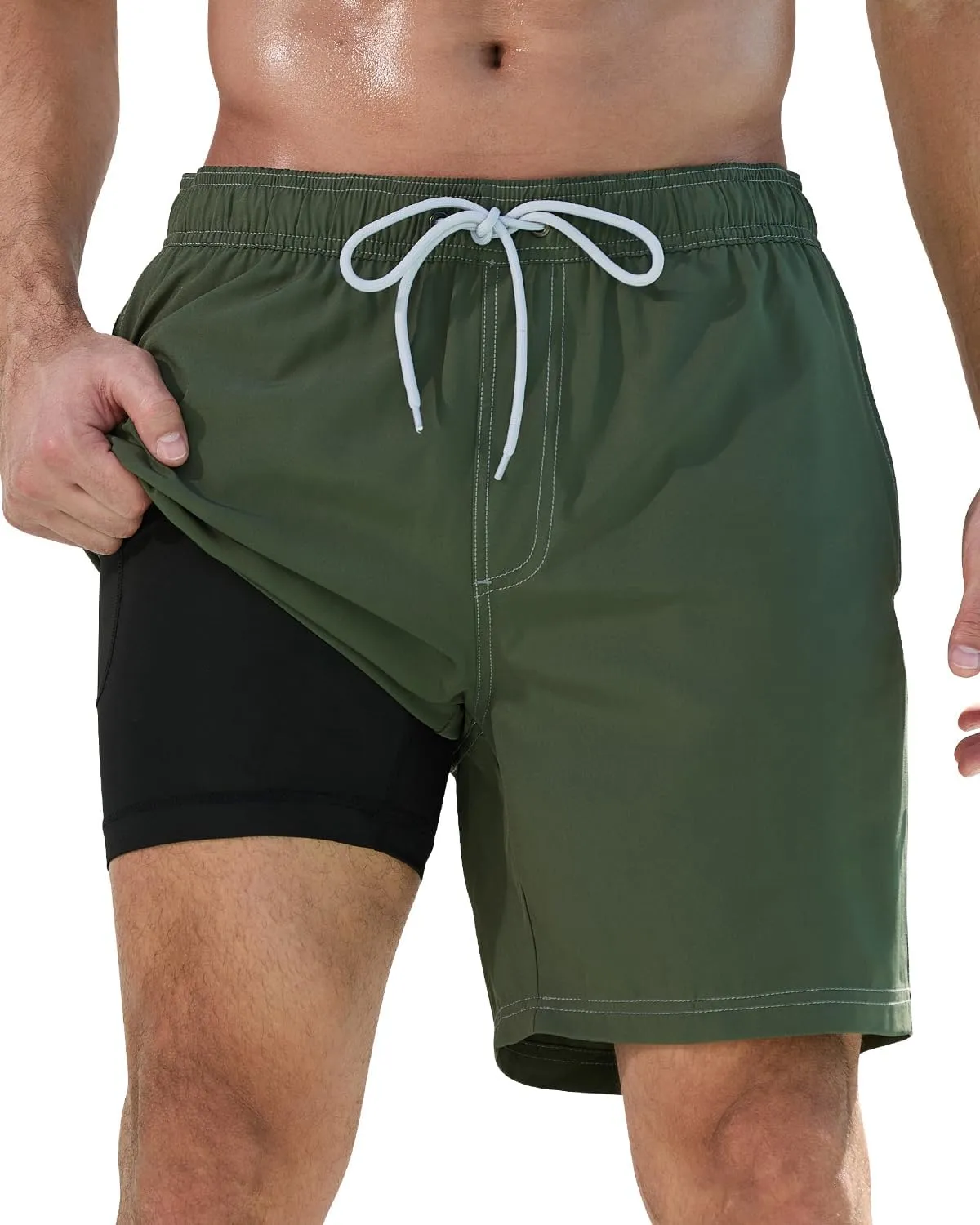 difficort Mens Swim Trunks with Compression Liner Quick-Dry Bathing Suit with Zipper Pockets
