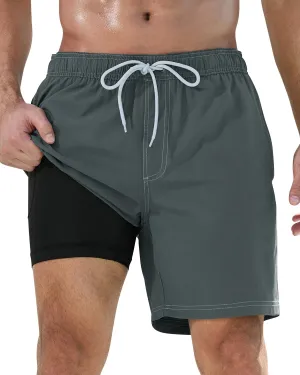 difficort Mens Swim Trunks with Compression Liner Quick-Dry Bathing Suit with Zipper Pockets