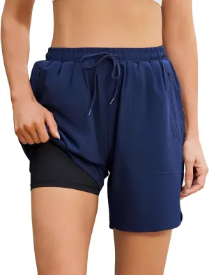 difficort Womens Swim Shorts with Compression Liner 7'' Quick-Dry Board Shorts with Zipper Pockets