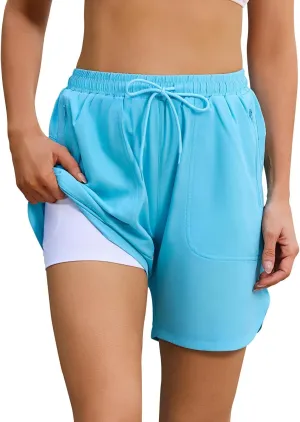 difficort Womens Swim Shorts with Compression Liner 7'' Quick-Dry Board Shorts with Zipper Pockets