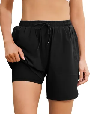 difficort Womens Swim Shorts with Compression Liner 7'' Quick-Dry Board Shorts with Zipper Pockets