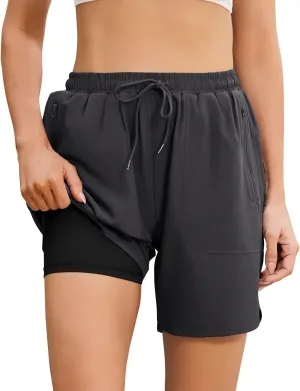 difficort Womens Swim Shorts with Compression Liner 7'' Quick-Dry Board Shorts with Zipper Pockets