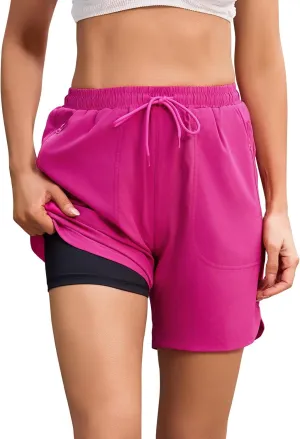 difficort Womens Swim Shorts with Compression Liner 7'' Quick-Dry Board Shorts with Zipper Pockets