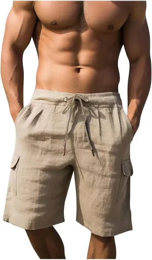 Linen Shorts for Men Waist Drawstring 7 Inch Khaki Cargo Linen Shorts Lightweight Hawaiian Board Vacation Resort Wear