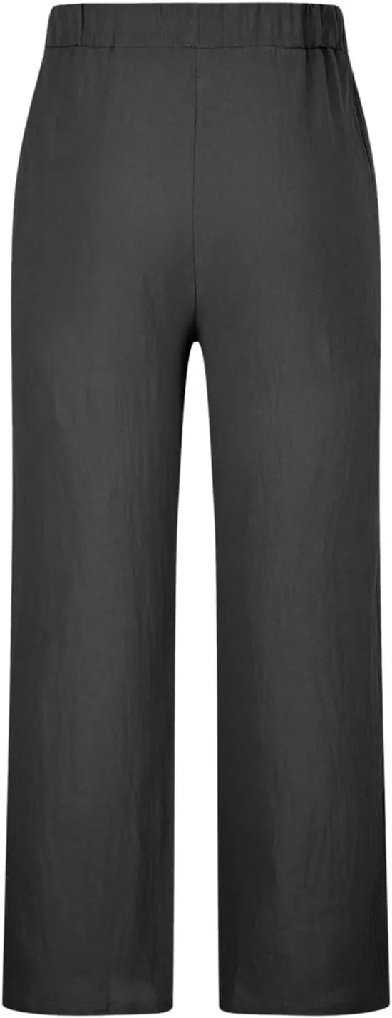 Men's Elastic Waist Beach Pants Summer Linen Straight Pants Relaxed Fit Casual Pant Full Length Lounge Trousers