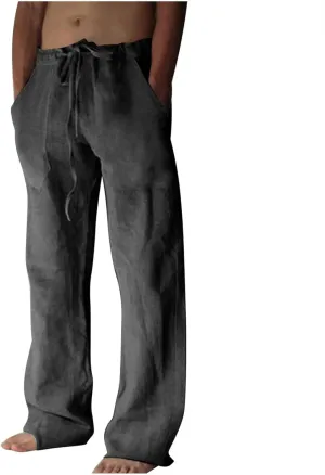 Men's Elastic Waist Beach Pants Summer Linen Straight Pants Relaxed Fit Casual Pant Full Length Lounge Trousers