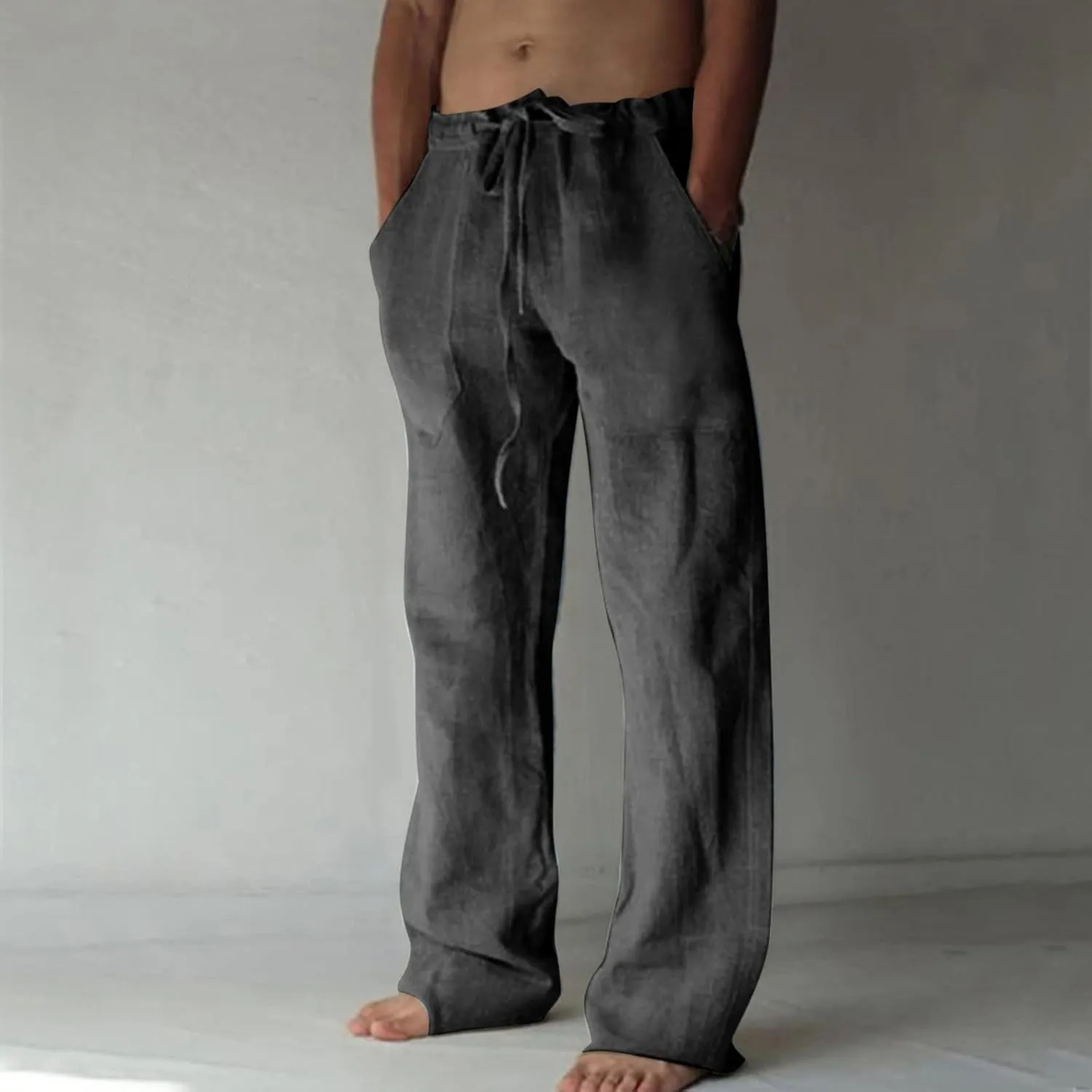 Men's Elastic Waist Beach Pants Summer Linen Straight Pants Relaxed Fit Casual Pant Full Length Lounge Trousers