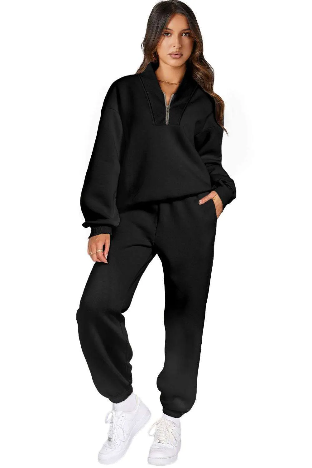 Neck Top & Ribbed Edge Loose Pants Sets - Stylish Comfort
