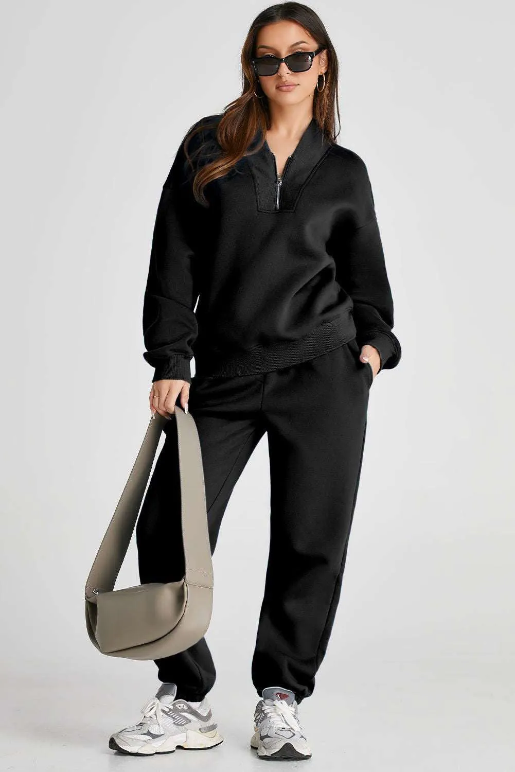 Neck Top & Ribbed Edge Loose Pants Sets - Stylish Comfort