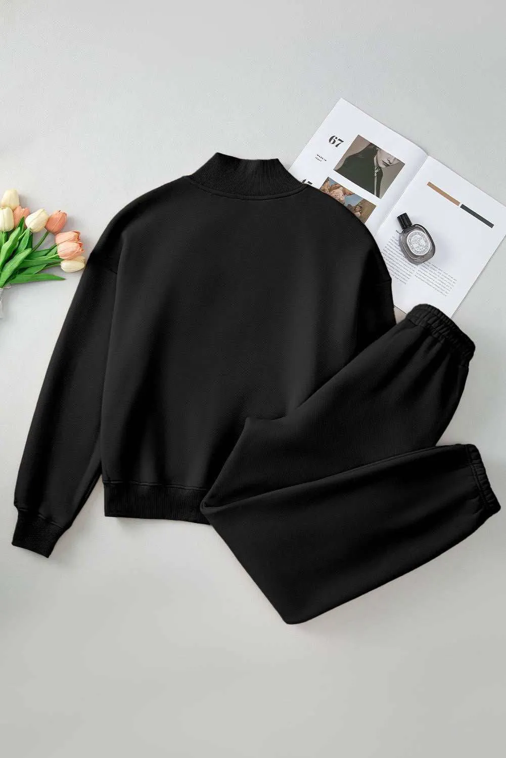 Neck Top & Ribbed Edge Loose Pants Sets - Stylish Comfort