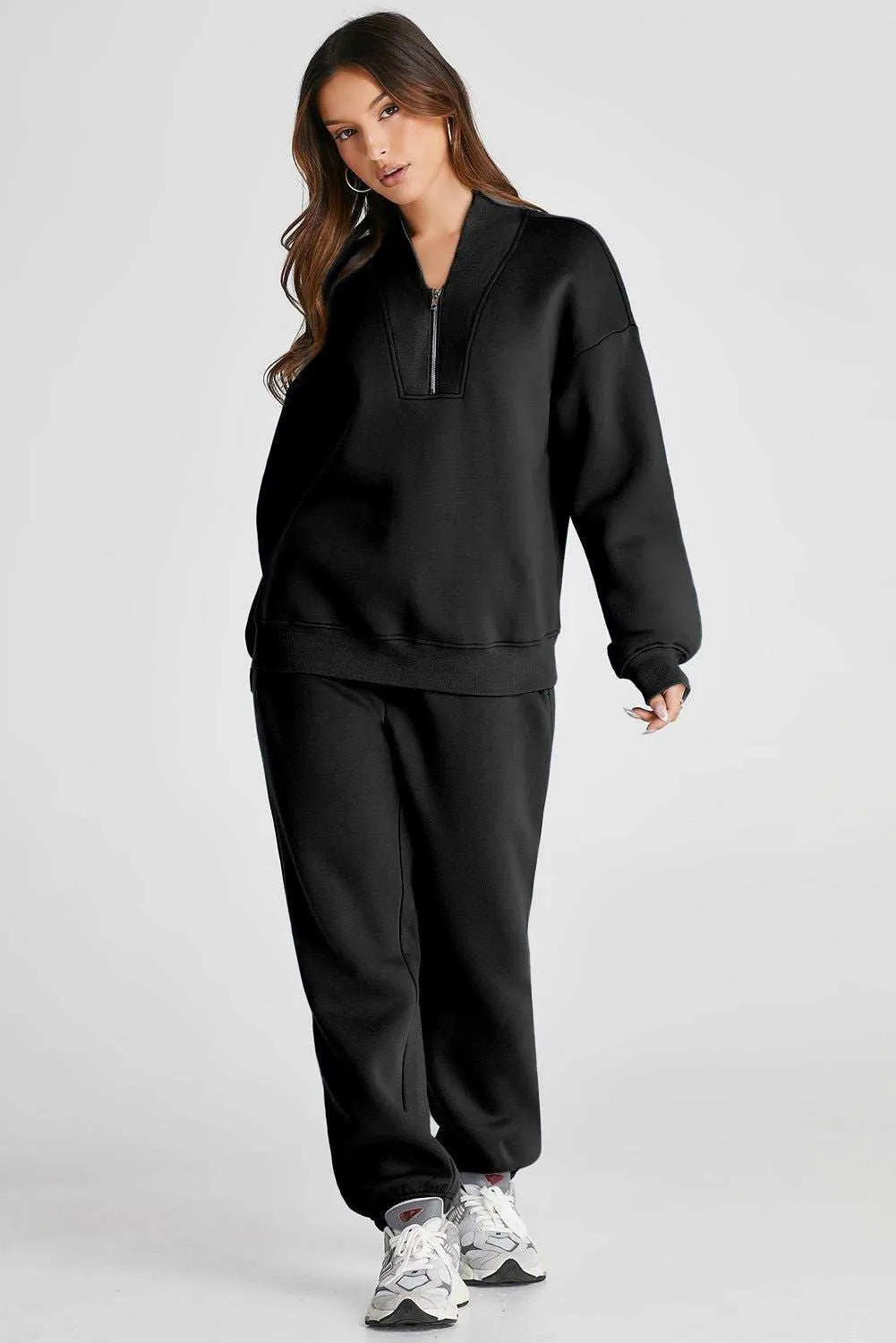 Neck Top & Ribbed Edge Loose Pants Sets - Stylish Comfort