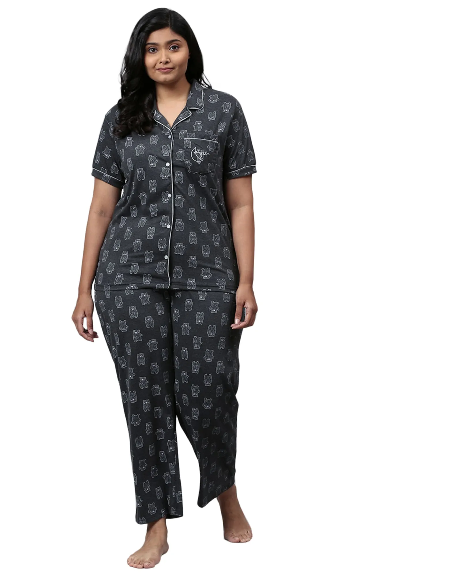 Printed Stylish Night Suit- Bears | Charcoal Grey