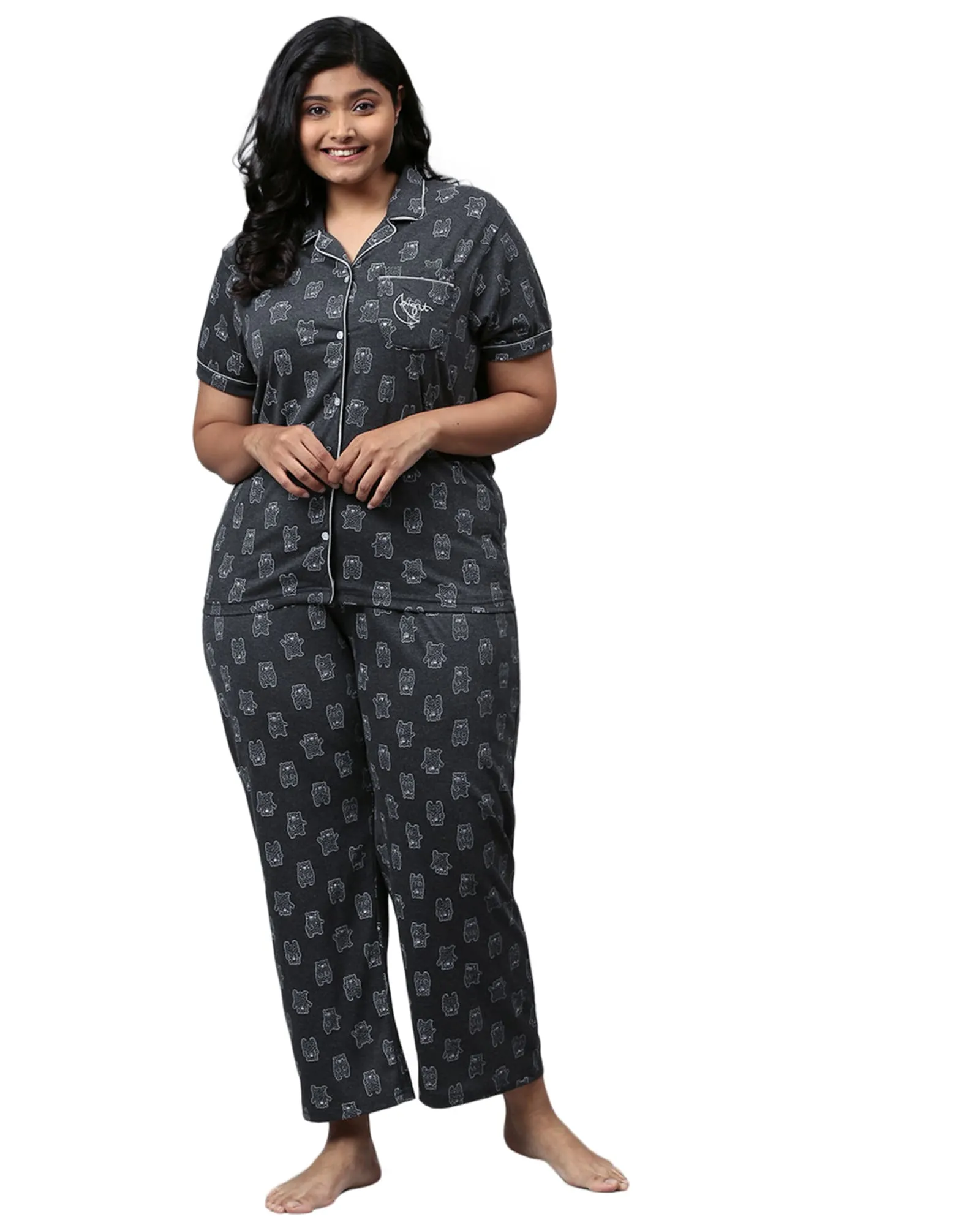 Printed Stylish Night Suit- Bears | Charcoal Grey