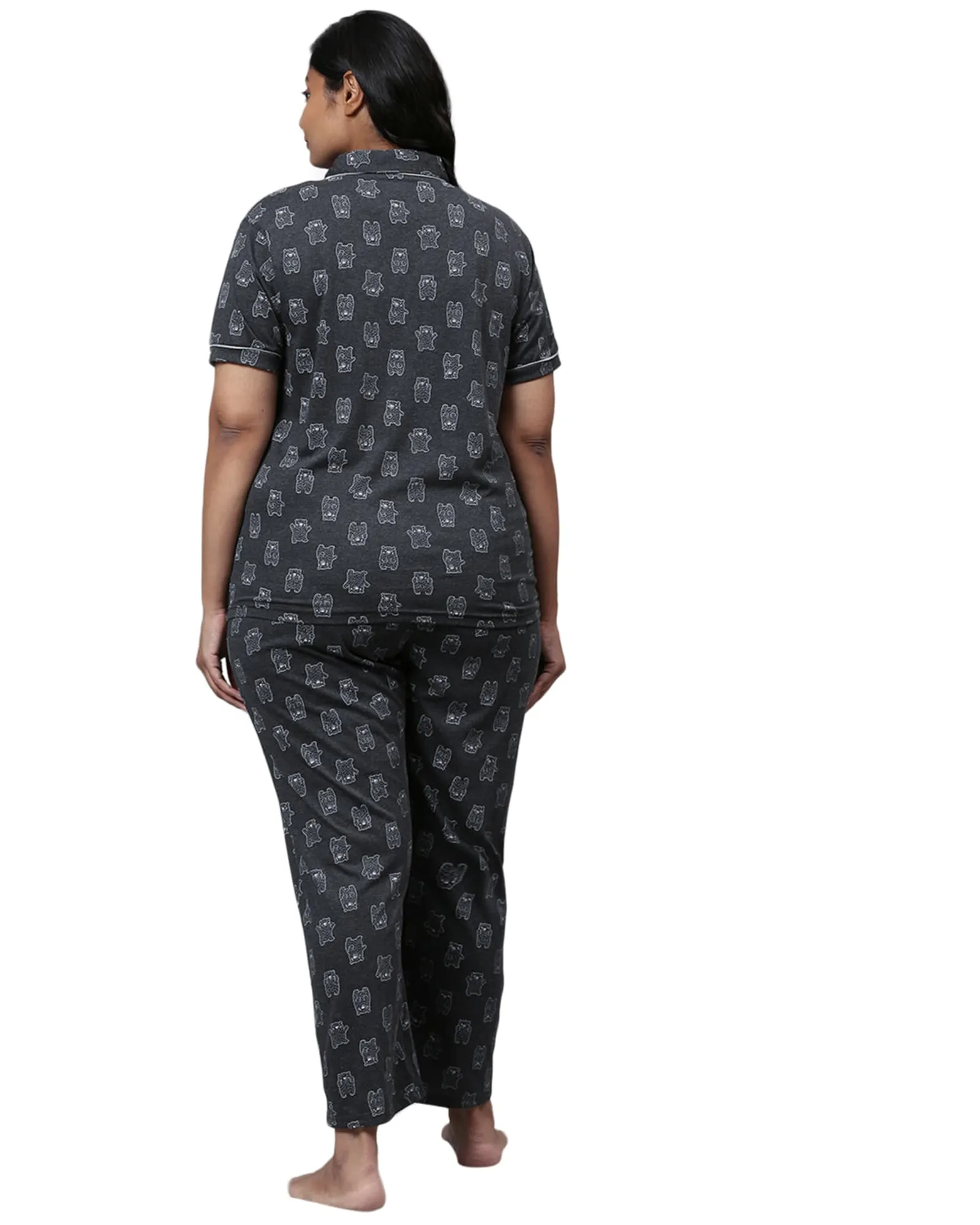 Printed Stylish Night Suit- Bears | Charcoal Grey