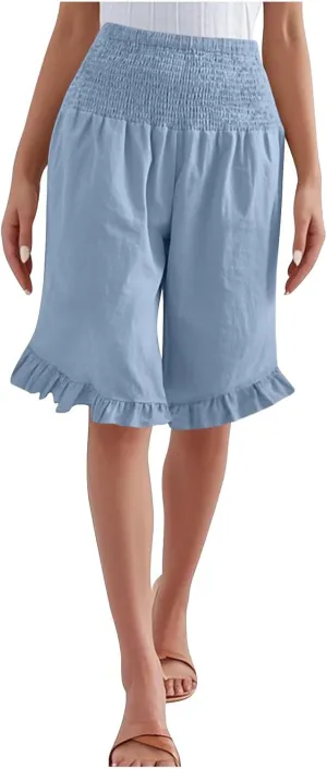 Women's Bermuda Shorts Knee Length High Waist Plus Size Summer Beach Flowy Wide Leg Palazzo Pants with Pockets