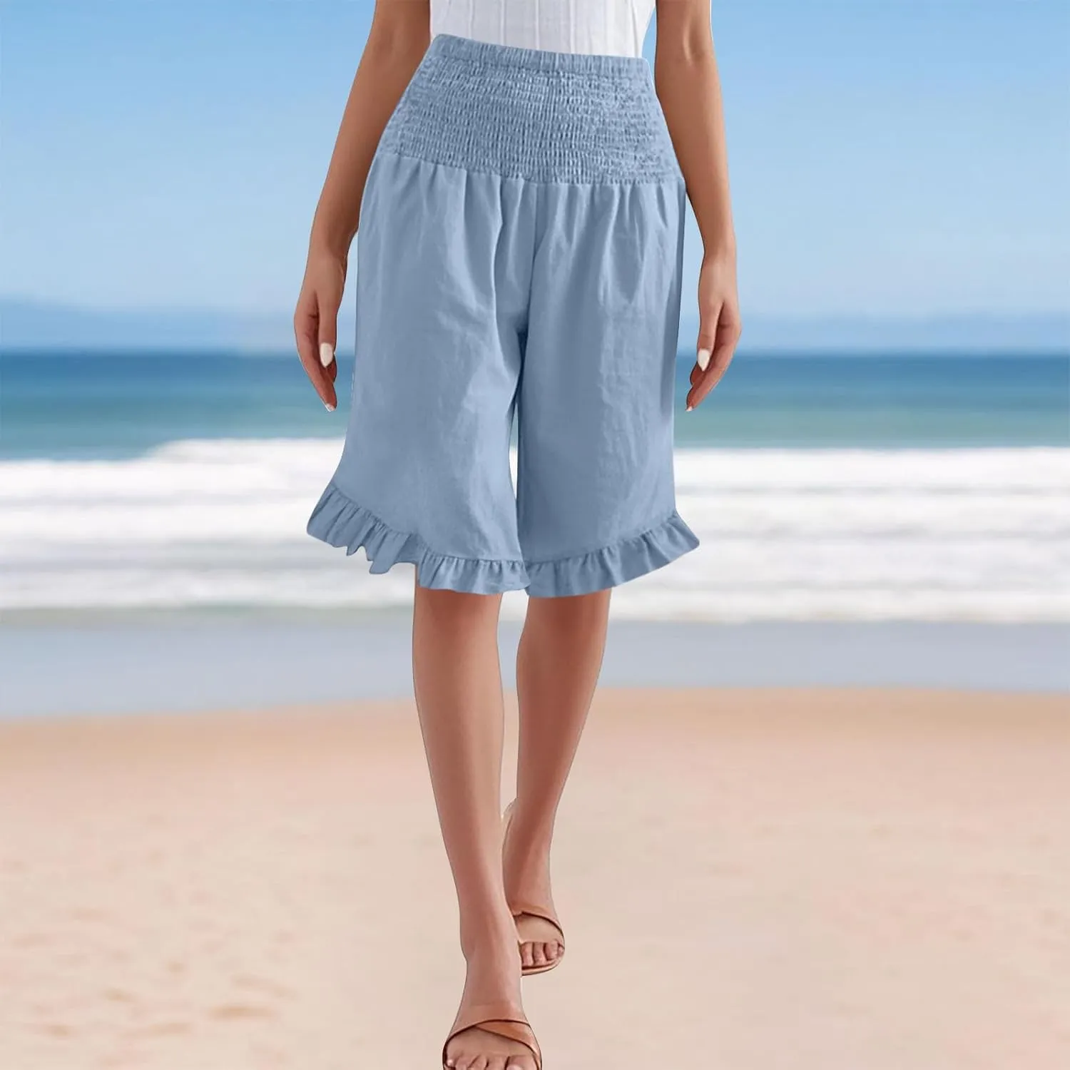 Women's Bermuda Shorts Knee Length High Waist Plus Size Summer Beach Flowy Wide Leg Palazzo Pants with Pockets