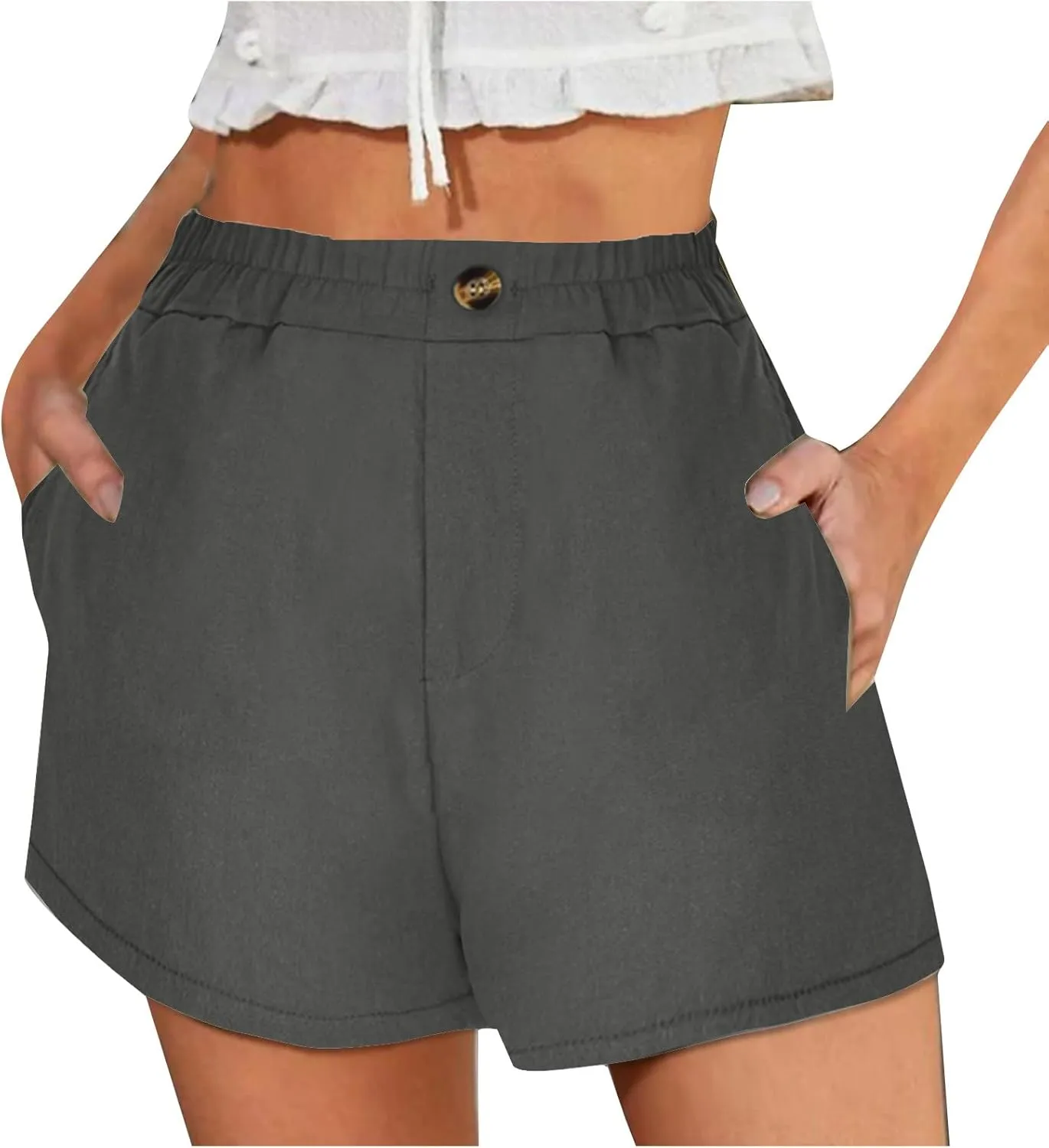 Womens Cotton Linen Shorts, Ladies Elastic Waist Half Pants with Pockets Summer Casual Shorts Button Cropped Trouser