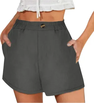 Womens Cotton Linen Shorts, Ladies Elastic Waist Half Pants with Pockets Summer Casual Shorts Button Cropped Trouser