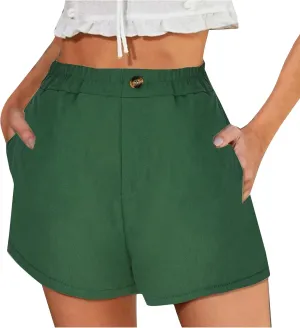 Womens Cotton Linen Shorts, Ladies Elastic Waist Half Pants with Pockets Summer Casual Shorts Button Cropped Trouser