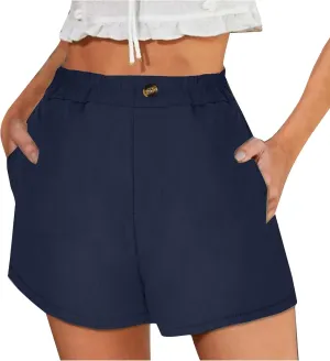 Womens Cotton Linen Shorts, Ladies Elastic Waist Half Pants with Pockets Summer Casual Shorts Button Cropped Trouser