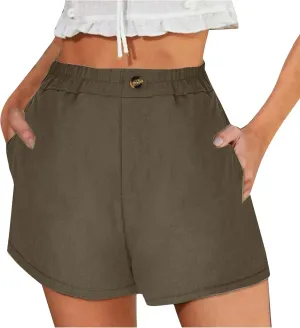 Womens Cotton Linen Shorts, Ladies Elastic Waist Half Pants with Pockets Summer Casual Shorts Button Cropped Trouser
