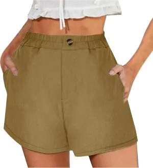 Womens Cotton Linen Shorts, Ladies Elastic Waist Half Pants with Pockets Summer Casual Shorts Button Cropped Trouser