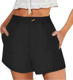 Womens Cotton Linen Shorts, Ladies Elastic Waist Half Pants with Pockets Summer Casual Shorts Button Cropped Trouser