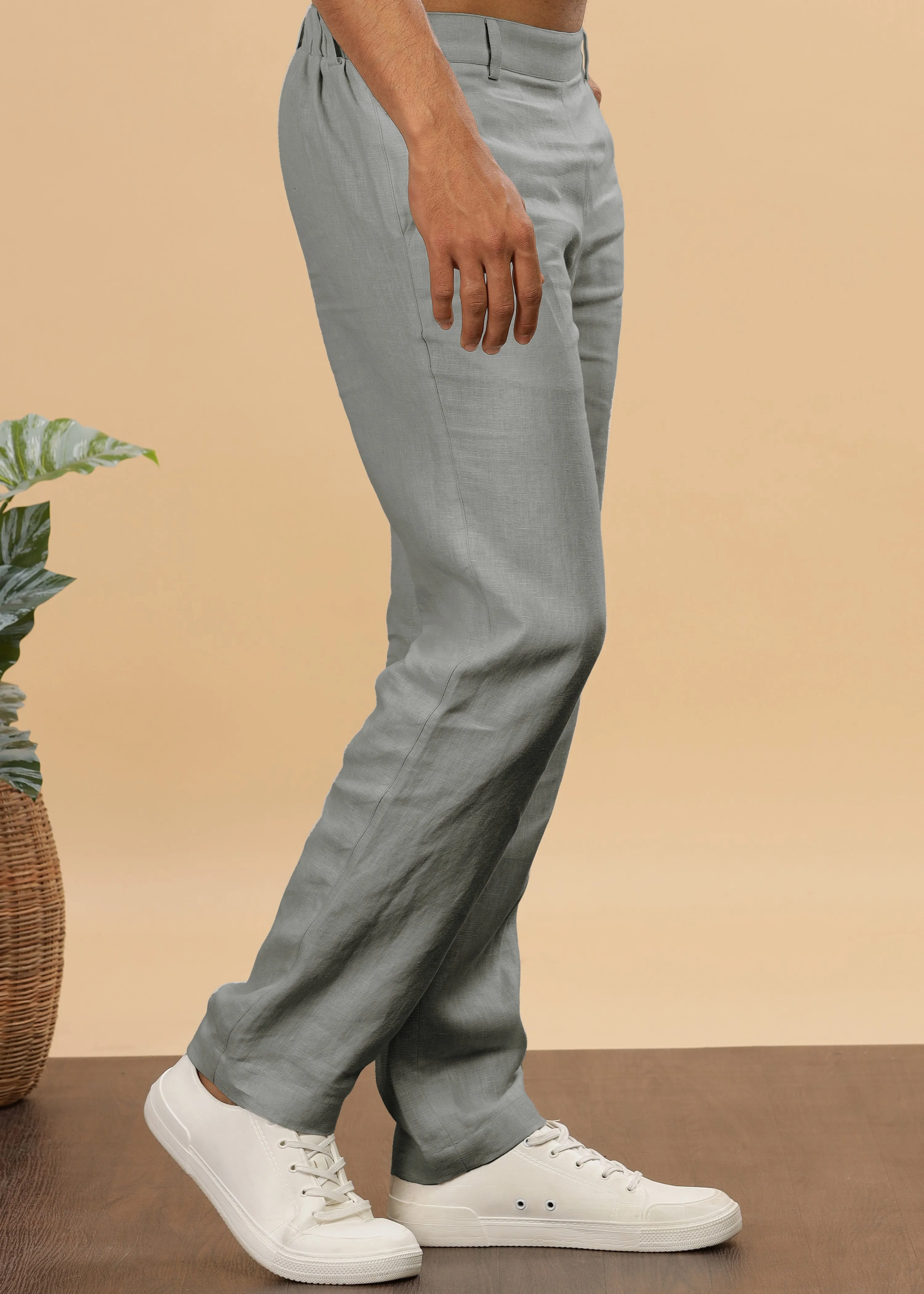 Zen Relaxed Elastic Pure Linen Trousers - Ash Grey